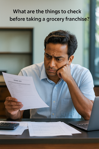 Confused Indian entrepreneur reviewing grocery franchise documents at his desk