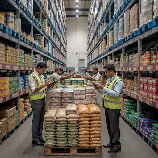 Workers checking grocery inventory inside FMCG warehouse.