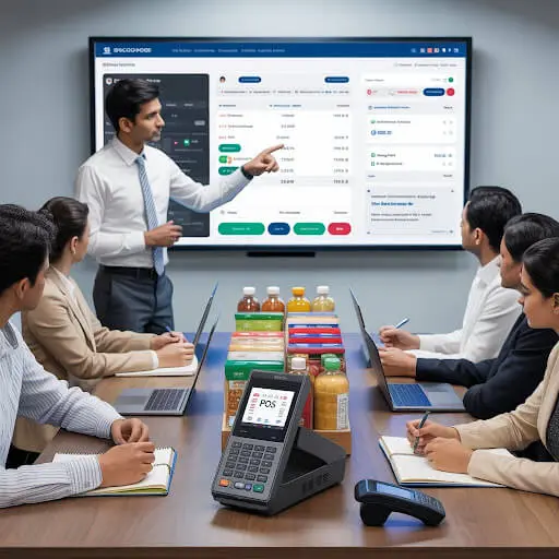 Trainer demonstrating POS and store operations to new franchise owners.